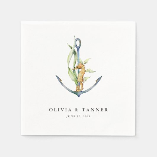 Wasserfarbenprägung Seepferd und Ankerhochzeit Serviette (Vorderseite)