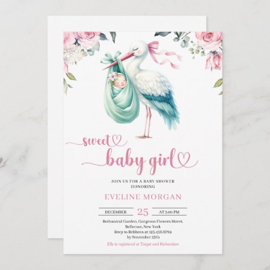 Wasserfarbenprägung und rosa Storchenmädchen Einladung (Vorne/Hinten)