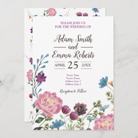 Wasserfarbenprägung Wildblume Meadow Wedding Einladung (Vorne/Hinten)