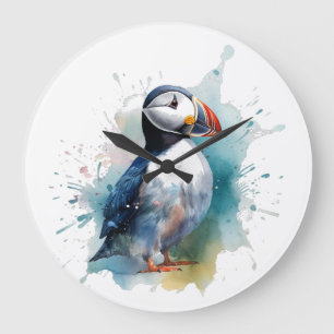 Wasserfarbenpuffin Große Wanduhr