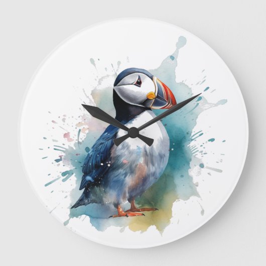 Wasserfarbenpuffin Große Wanduhr (Vorderseite)