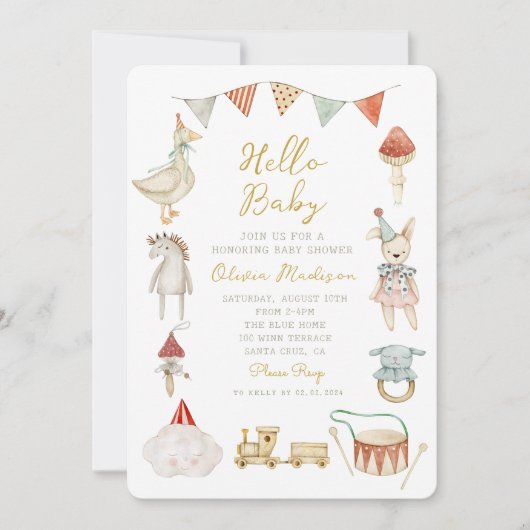 Wasserfarbenpuschraum und Babydusche Whimsisch Einladung (Vorderseite)