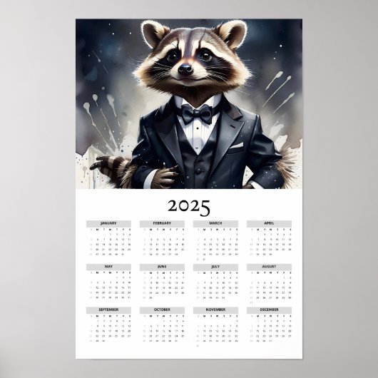 Wasserfarbenraccoon Tux Bow Krawatte 2025 Mauerkal Poster (Vorne)
