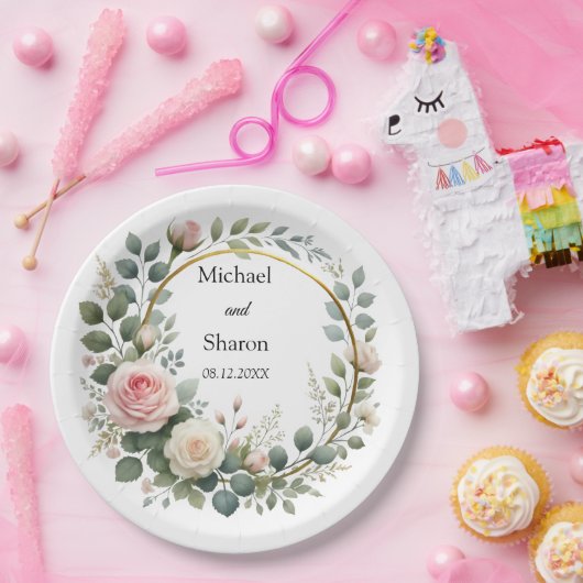 Wasserfarbenregen, weich rosa und weiße Rosen Pappteller (Party)