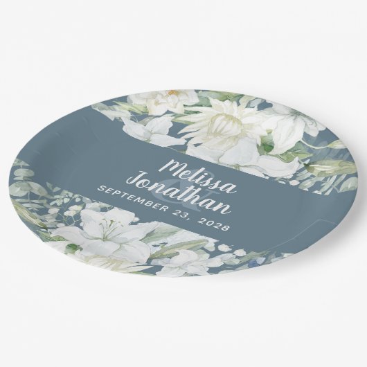 Wasserfarbenromantische, blumenweiße Blume Hochzei Pappteller (Schrägansicht)
