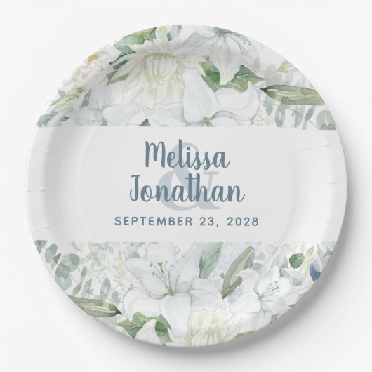 Wasserfarbenromantische, blumenweiße Blume Hochzei Pappteller (Vorderseite)
