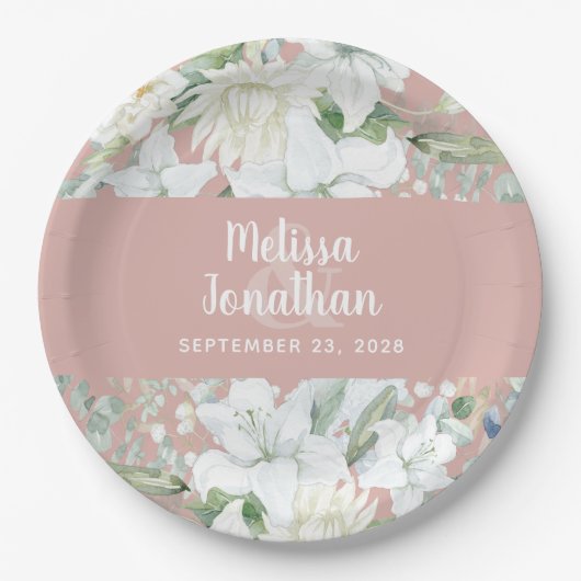 Wasserfarbenromantische, blumenweiße Blume Hochzei Pappteller (Vorderseite)