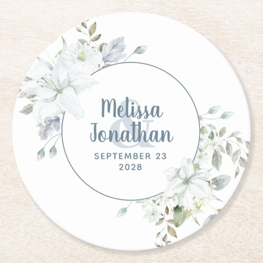 Wasserfarbenromantische, blumenweiße Blume Hochzei Runder Pappuntersetzer (Vorderseite)