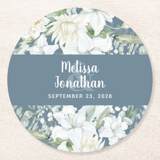 Wasserfarbenromantische, blumenweiße Blume Hochzei Runder Pappuntersetzer (Vorderseite)