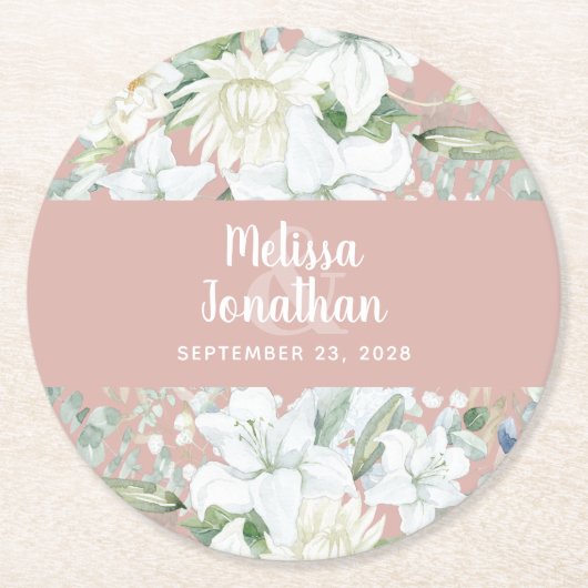 Wasserfarbenromantische, blumenweiße Blume Hochzei Runder Pappuntersetzer (Vorderseite)