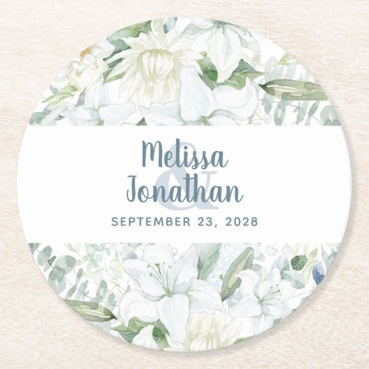 Wasserfarbenromantische, blumenweiße Blume Hochzei Runder Pappuntersetzer (Vorderseite)