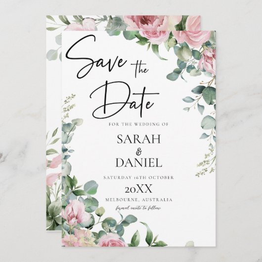 Wasserfarbenrosa Blumenzehen Save The Date (Vorne/Hinten)