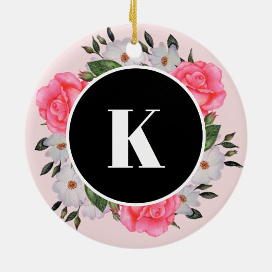 Wasserfarbenrosa und weißer Rosenkreislauf Keramik Ornament (Hinten)