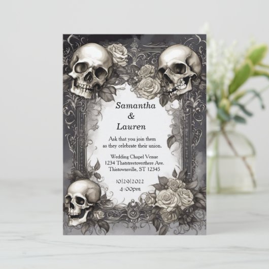 Wasserfarbenschädel Gerahmt Goth Wedding Einladung (Stehend Vorderseite)