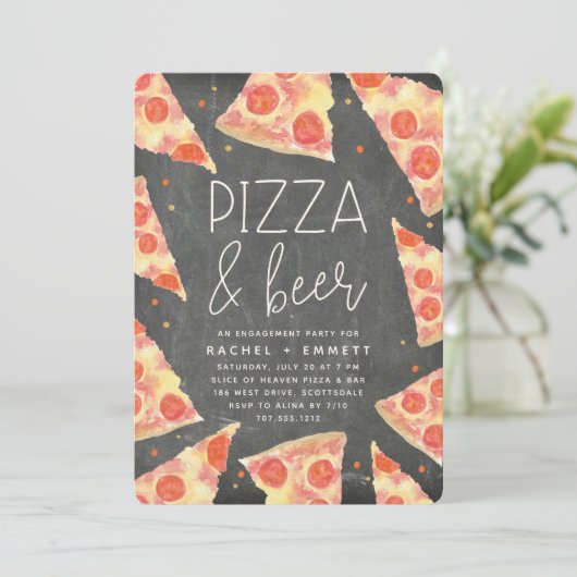 Wasserfarbenscheibe | Pizza & Beer Engagement Part Einladung (Stehend Vorderseite)