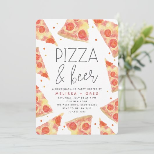 Wasserfarbenscheibe | Pizza & Beer Housewarming Pa Einladung (Stehend Vorderseite)