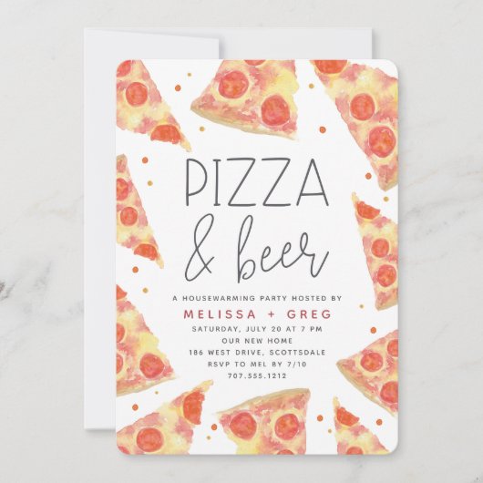 Wasserfarbenscheibe | Pizza & Beer Housewarming Pa Einladung (Vorderseite)