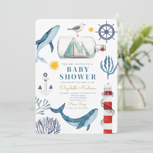 Wasserfarbenschiff, Sailor Whale Sea Babydusche Einladung (Stehend Vorderseite)