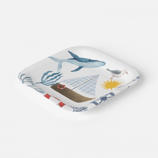 Wasserfarbenschiff, Sailor Whale Sea Babydusche Pappteller (Gewinkelt)