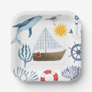 Wasserfarbenschiff, Sailor Whale Sea Babydusche Pappteller