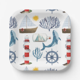Wasserfarbenschiff, Sailor Whale Sea Babydusche Pappteller