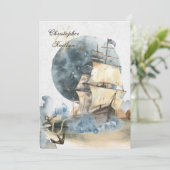 Wasserfarbenschiff und Vollmondhochzeit Einladung (Stehend Vorderseite)