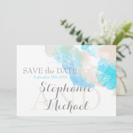 Wasserfarbenschmetterling Aquamarin Ivory Taupe Save The Date (Stehend Vorderseite)