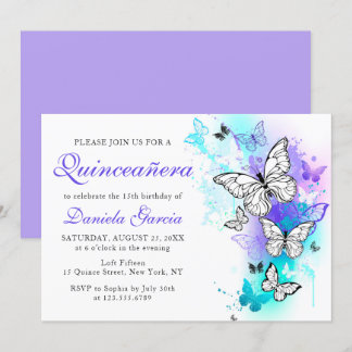 Wasserfarbenschmetterling Lila Türkis Quinceañera Einladung