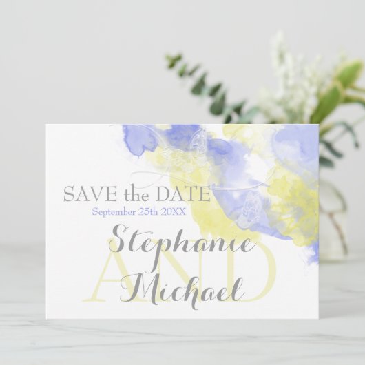 Wasserfarbenschmetterling Periwinkle Lemon Savethe Save The Date (Stehend Vorderseite)