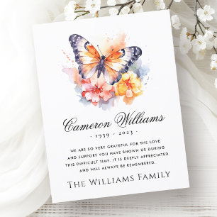 Wasserfarbenschmetterling und Blume Beerdigung Bei Dankeskarte
