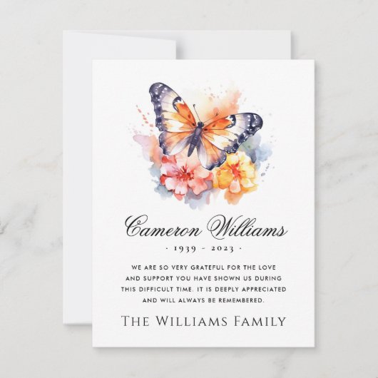 Wasserfarbenschmetterling und Blume Beerdigung Bei Dankeskarte (Vorderseite)