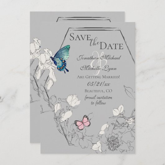 Wasserfarbenschmetterling und geometrische Hochzei Save The Date (Vorne/Hinten)