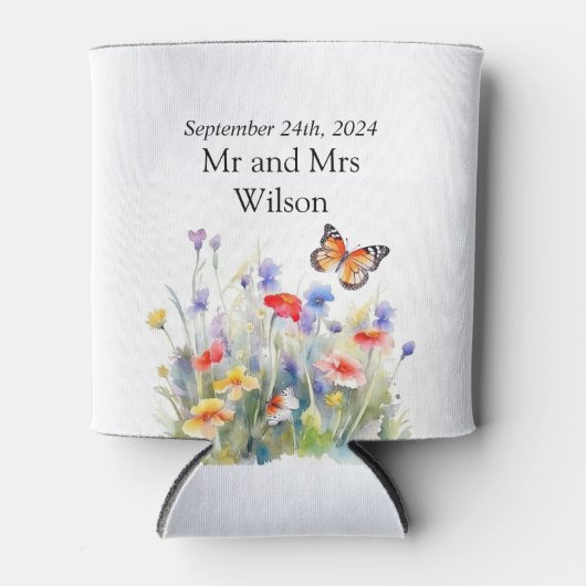 Wasserfarbenschmetterling und Wildblumen Hochzeit Dosenkühler (Vorderseite)