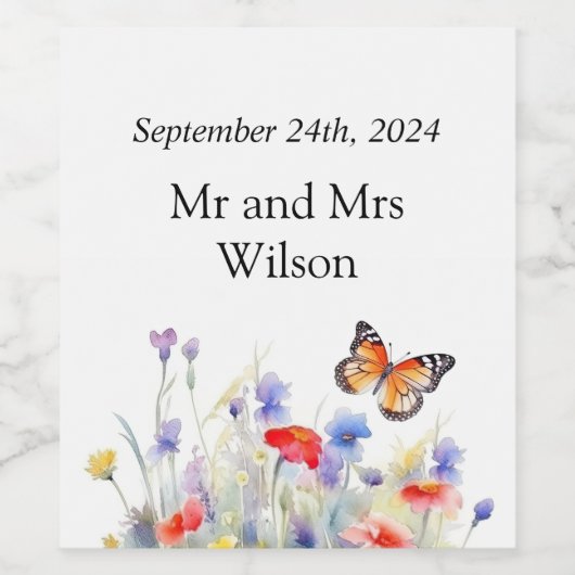 Wasserfarbenschmetterling und Wildblumen Hochzeit Weinetikett (Einzelnes Label)