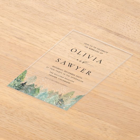 Wasserfarbenschnee Evergreen Forest Winter Wedding Acryleinladungen (Ablage )