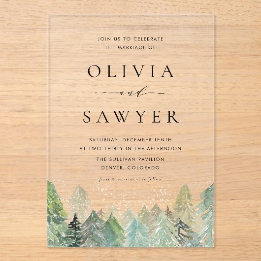 Wasserfarbenschnee Evergreen Forest Winter Wedding Acryleinladungen (Vorderseite)