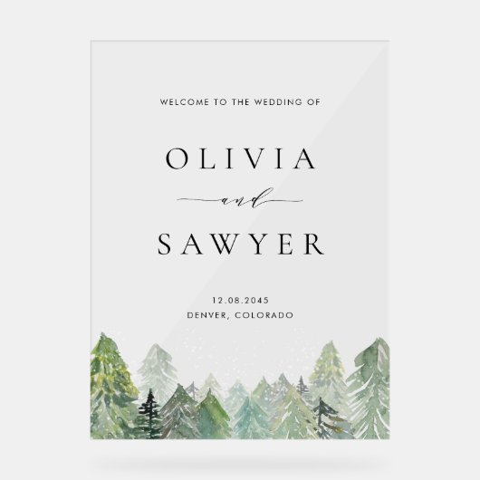 Wasserfarbenschnee Evergreen Forest Winter Wedding Acrylschild (Vorderseite)