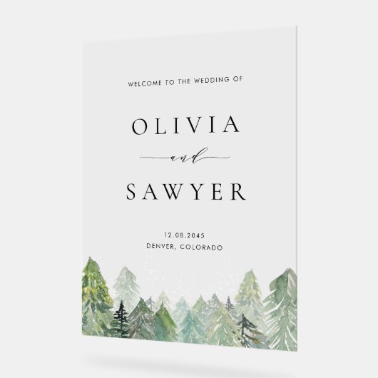 Wasserfarbenschnee Evergreen Forest Winter Wedding Acrylschild (Winkel)