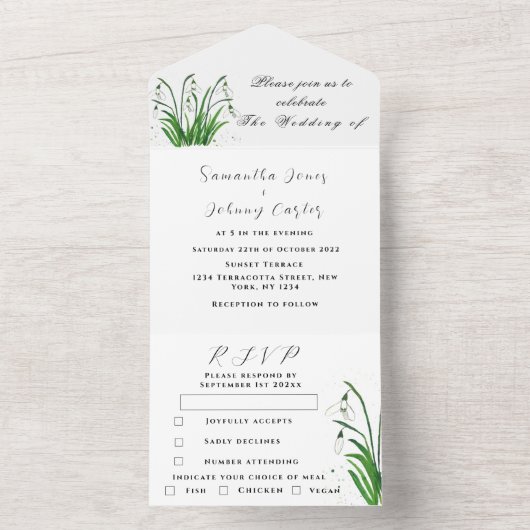 Wasserfarbenschneeabfälle Weiße Blumenhochzeit All In One Einladung (Innen Boden)