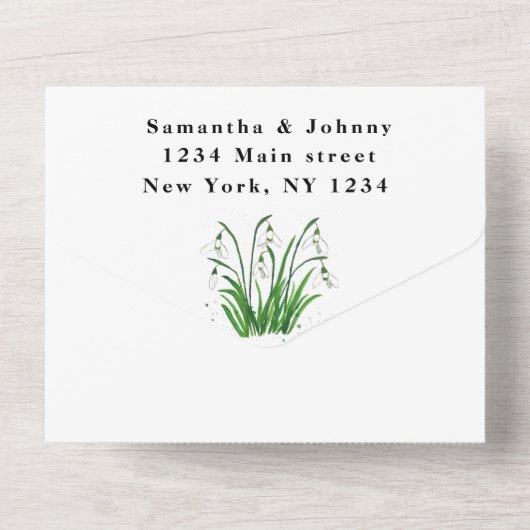 Wasserfarbenschneeabfälle Weiße Blumenhochzeit All In One Einladung (Rückseite)