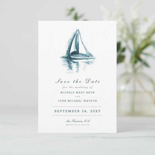 Wasserfarbensegelboot Save the Date Karte (Stehend Vorderseite)