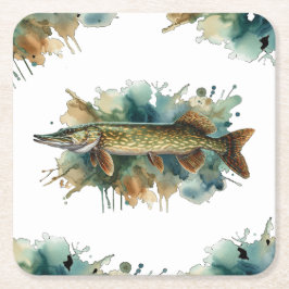 Wasserfarbenserie: Pike Rechteckiger Pappuntersetzer