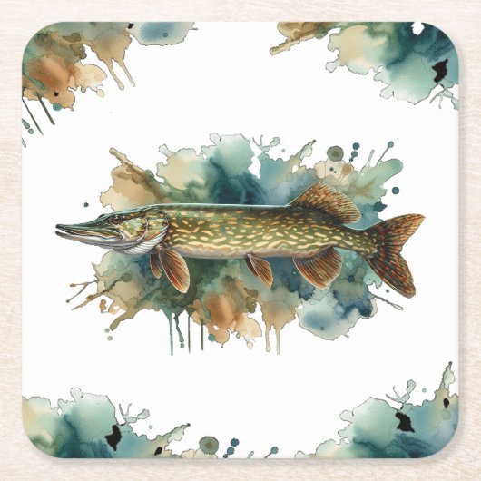 Wasserfarbenserie: Pike Rechteckiger Pappuntersetzer (Vorderseite)