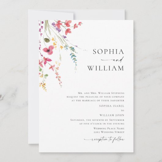 Wasserfarbenspiel Wildblume Bohemische Hochzeit Einladung (Vorderseite)