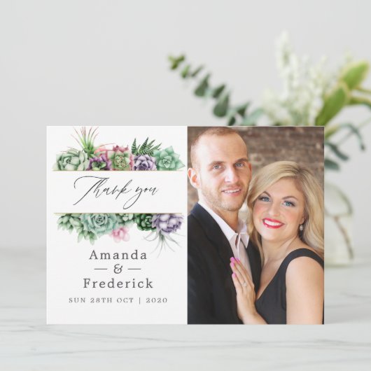 Wasserfarbensukkulente geometrische Hochzeit Dankeskarte (Stehend Vorderseite)