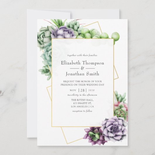 Wasserfarbensukkulente geometrische Hochzeit Einladung (Vorderseite)