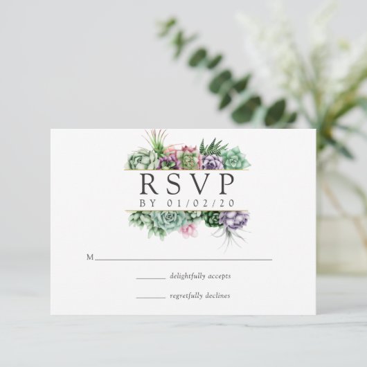 Wasserfarbensukkulente geometrische Hochzeit RSVP Karte (Stehend Vorderseite)