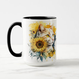 WASSERFARBENTABBYKATZE MIT SONNENBLUMEN TASSE