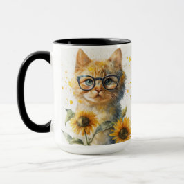 WASSERFARBENTABBYKATZE MIT SONNENBLUMEN TASSE