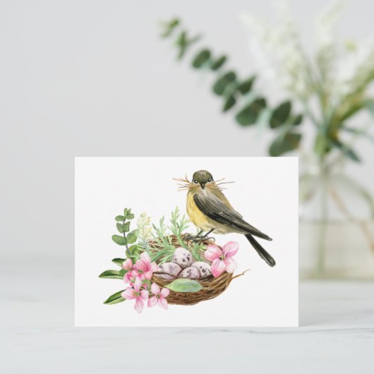 Wasserfarbenvogel auf dem Nest mit rosa Blume Postkarte (Stehend Vorderseite)